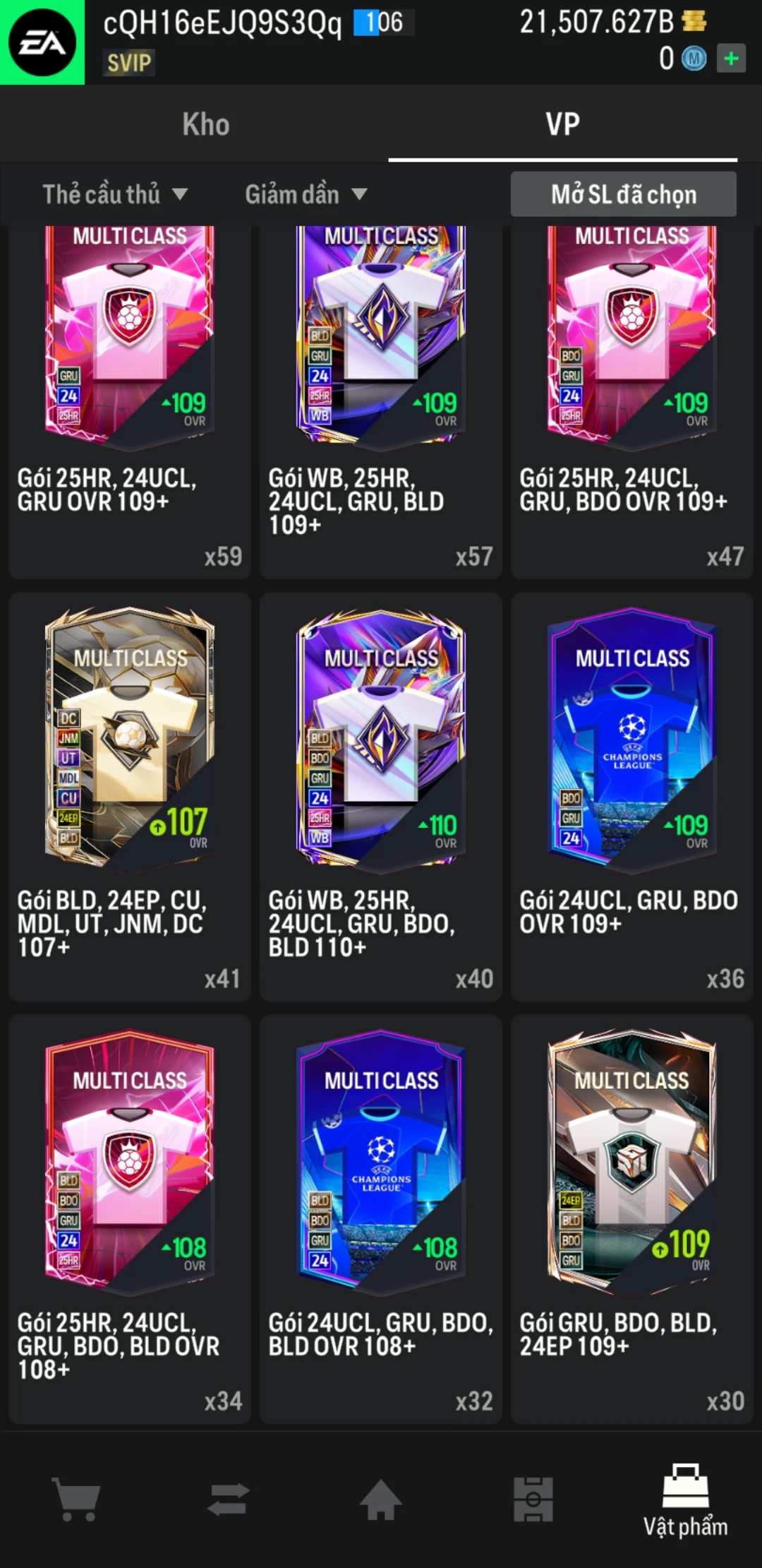 Ảnh ACC mở thẻ (LOẠI SVIP MAX) gồm 700+ đến 900+ thẻ cầu thủ từ Siêu sao đến Miền núi các loại. Có sẵn BP trắng từ 18,000 tỷ BP đến 22,000 tỷ BP, ACC còn nhiều ngày SVIP